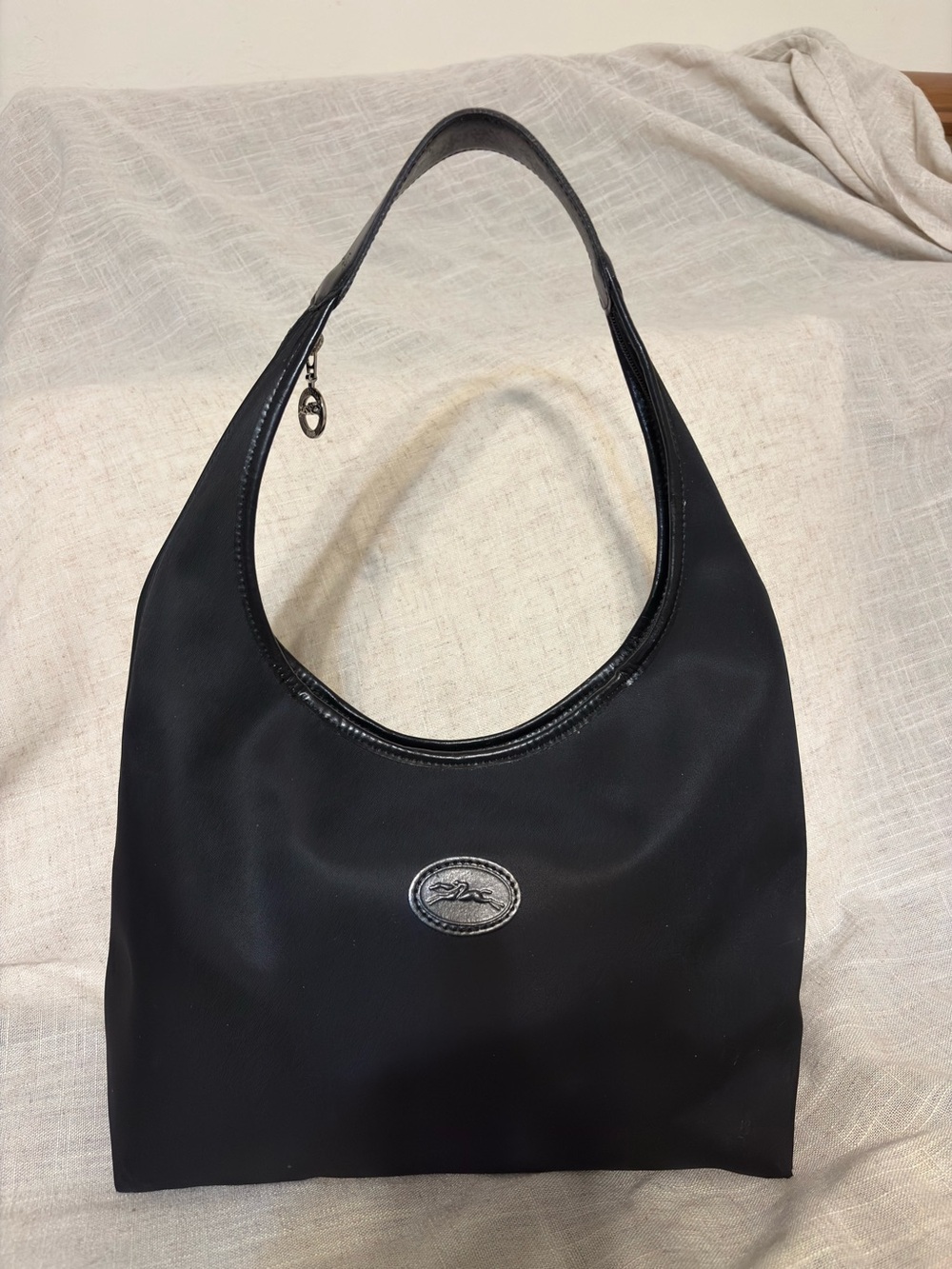 Longchamp Black Nylon Hobo Shoulder Bag Leather Trim Made in France